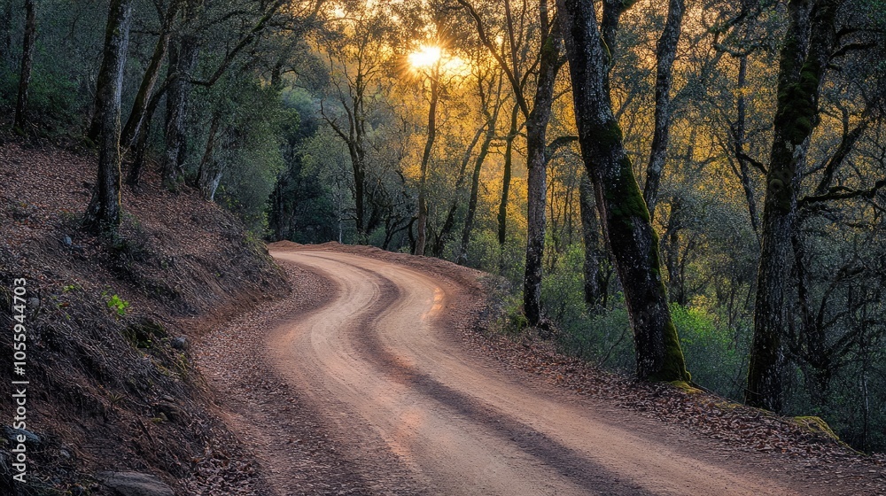 A winding dirt road through a dense forest at sunrise, with sunbeams filtering through the trees, highlighting the trail natural beauty A winding dirt road through a dense forest at sunrise, with sunbeams filtering through the trees, highlighting the trail natural beauty
