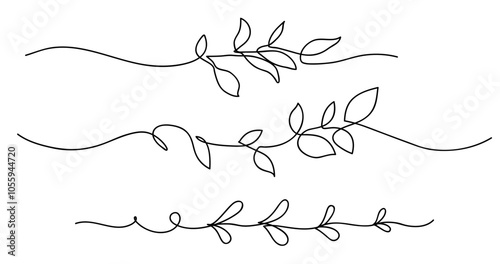One line drawing. Set of outline twig with leaf. Abstract decorative horizontal border element with stem and leaves. Frame design element. Vector illustration.