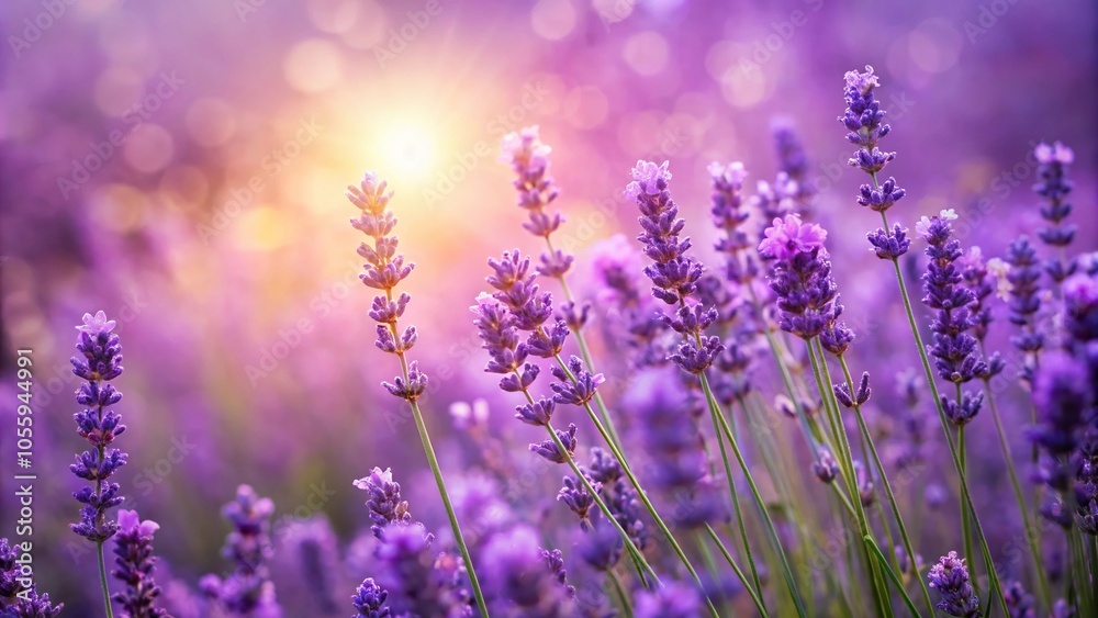 Purple background with a blooming garden of lavender flowers in full bloom, botanical, wildflowers, meadow, landscape Purple background with a blooming garden of lavender flowers in full bloom, botanical, wildflowers, meadow, landscape