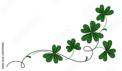 Beautiful ornament with green shamrock leaf. Outline stem with leaf. Abstract decorative angular border element with stem and leaves. Frame design corner. Vector illustration.