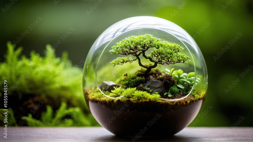A lush glass florarium featuring micro trees and moss, offering a tranquil glimpse of nature for indoor decoration. A lush glass florarium featuring micro trees and moss, offering a tranquil glimpse of nature for indoor decoration.