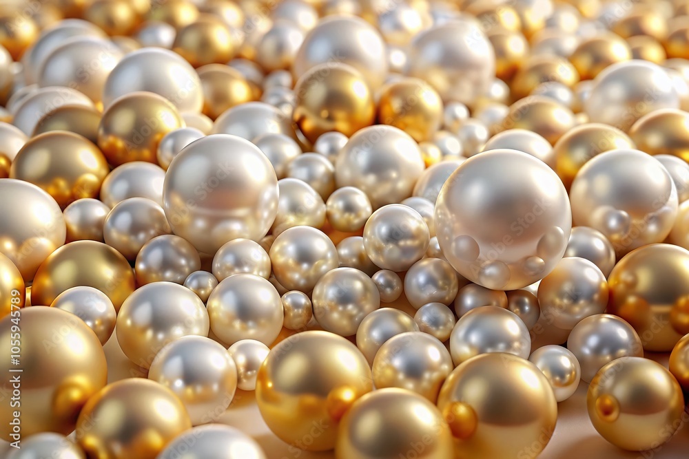 Stunning Panoramic View of White and Golden Pearls and Beads in 3D Rendered Spheres for Elegant Backgrounds Stunning Panoramic View of White and Golden Pearls and Beads in 3D Rendered Spheres for Elegant Backgrounds