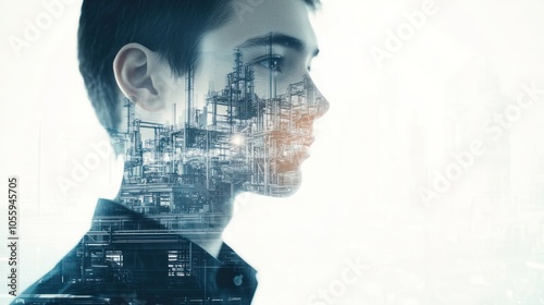 Double Exposure of a Young Man with an Industrial Cityscape