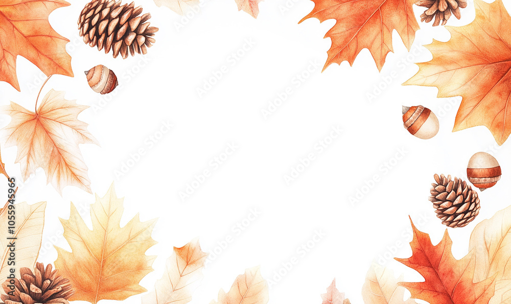 water color. clusters of autumn leaves in shades of orange, red, and yellow, on the outskirts, with acorns and pinecones tucked into the corners.
water color. clusters of autumn leaves in shades of orange, red, and yellow, on the outskirts, with acorns and pinecones tucked into the corners.