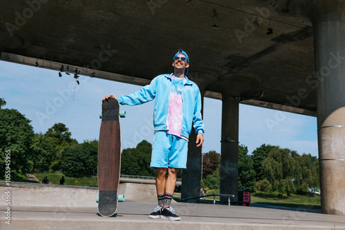 Smiling fashionable man in casuals standing with longboard near overpass at sunny day photo