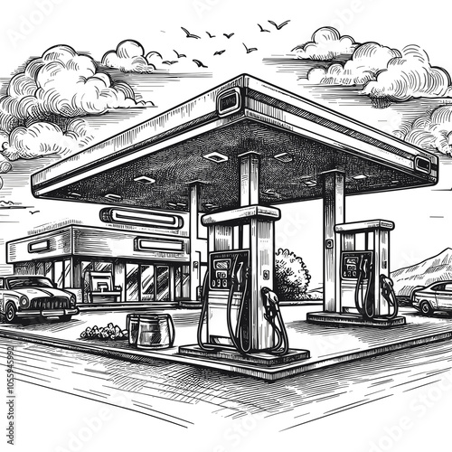 A hand-drawn sketch of a gas station is presented as a vector illustration photo