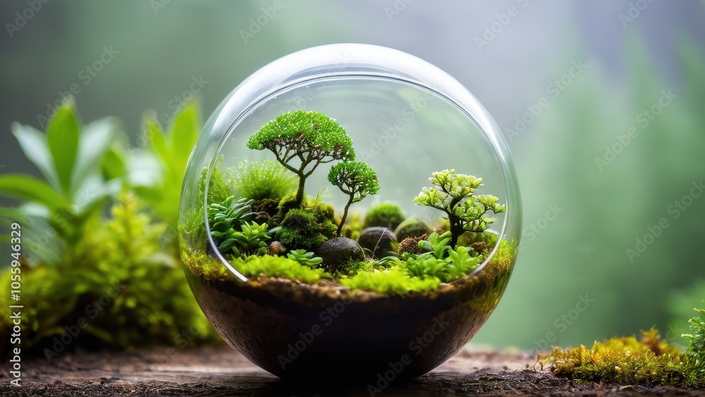 A lush glass florarium featuring micro trees and moss, offering a tranquil glimpse of nature for indoor decoration. A lush glass florarium featuring micro trees and moss, offering a tranquil glimpse of nature for indoor decoration.