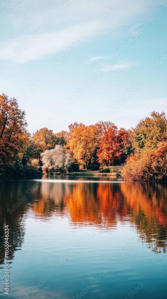 Wide view of a lake surrounded by autumn trees with vibrant colors, calm water reflecting the foliage Wide view of a lake surrounded by autumn trees with vibrant colors, calm water reflecting the foliage