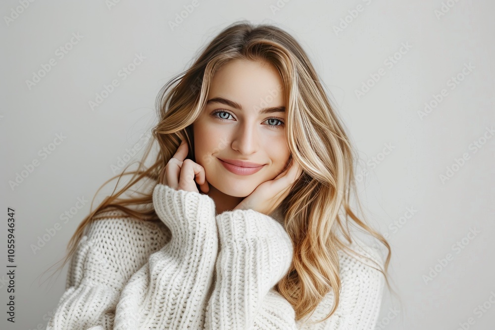 A woman in a sweater stands with arms crossed and smiles A woman in a sweater stands with arms crossed and smiles