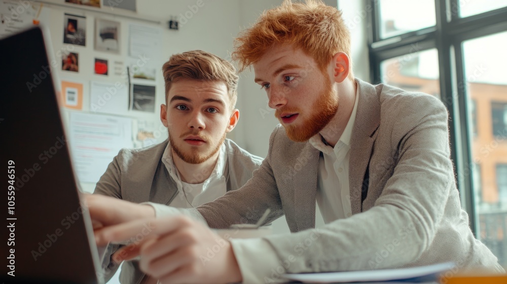 Two men are looking at a laptop screen Two men are looking at a laptop screen