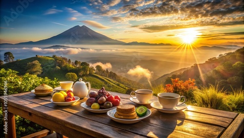 Stunning Sunrise Breakfast with Mount Cikuray View - Nature's Morning Delight photo