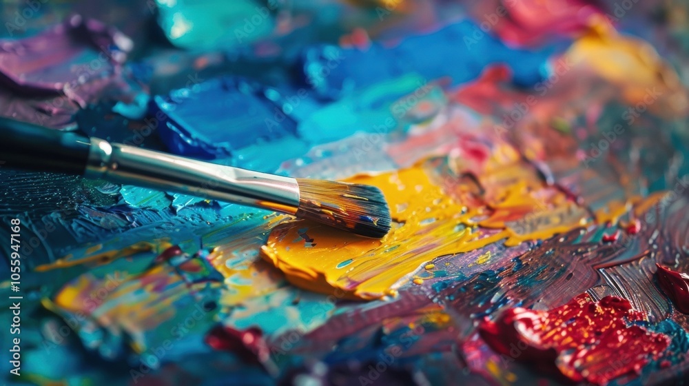 Fototapeta premium A defocused brush rests on a palette of vibrant hues.