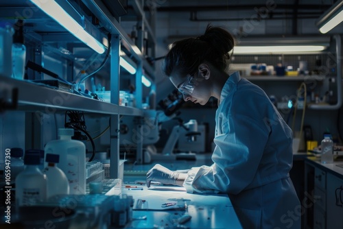 Forensic Pathologist Analyzing Evidence in a Sterile Laboratory Setting photo