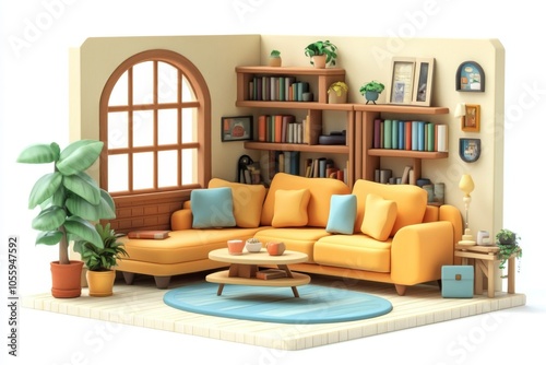 3D Rendered Cozy Living Room Interior Design with Yellow Sofa  Arched Window  and Bookshel photo