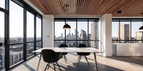 modern office interior, floor-to-ceiling windows, panoramic city skyline view, sunset, minimalist workspace, sleek black desk, designer chair, pendant lamp, wooden ceiling, reflective floor, contempor photo