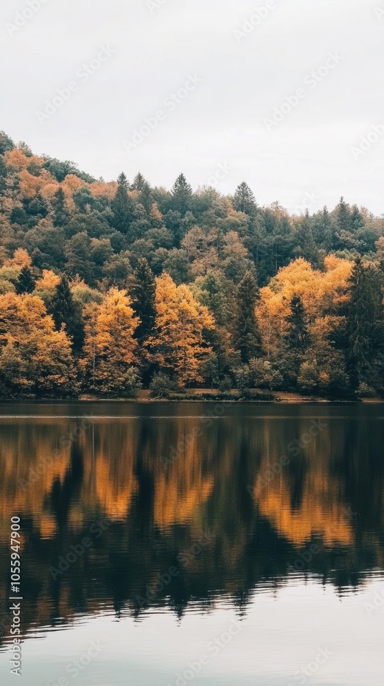 Wide view of a lake surrounded by autumn trees with vibrant colors, calm water reflecting the foliage Wide view of a lake surrounded by autumn trees with vibrant colors, calm water reflecting the foliage