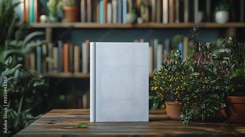 Blank book mockup standing on a rustic table surrounded by potted plants and bookshelves, creating a natural, cozy atmosphere ideal for design presentations. Blank book mockup standing on a rustic table surrounded by potted plants and bookshelves, creating a natural, cozy atmosphere ideal for design presentations.