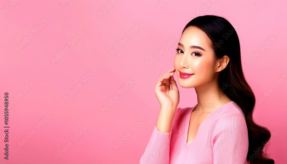 Smiling woman with long hair against a pink background, showcasing beauty and confidence. Smiling woman with long hair against a pink background, showcasing beauty and confidence.