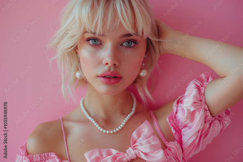 A young woman poses elegantly against a vibrant pink backdrop A young woman poses elegantly against a vibrant pink backdrop
