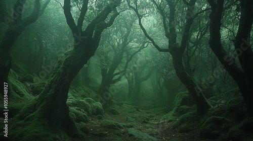 misty cloud forest with moss covered trees creates enchanting atmosphere, inviting exploration and wonder. lush greenery and ethereal light enhance magical feel of this serene landscape