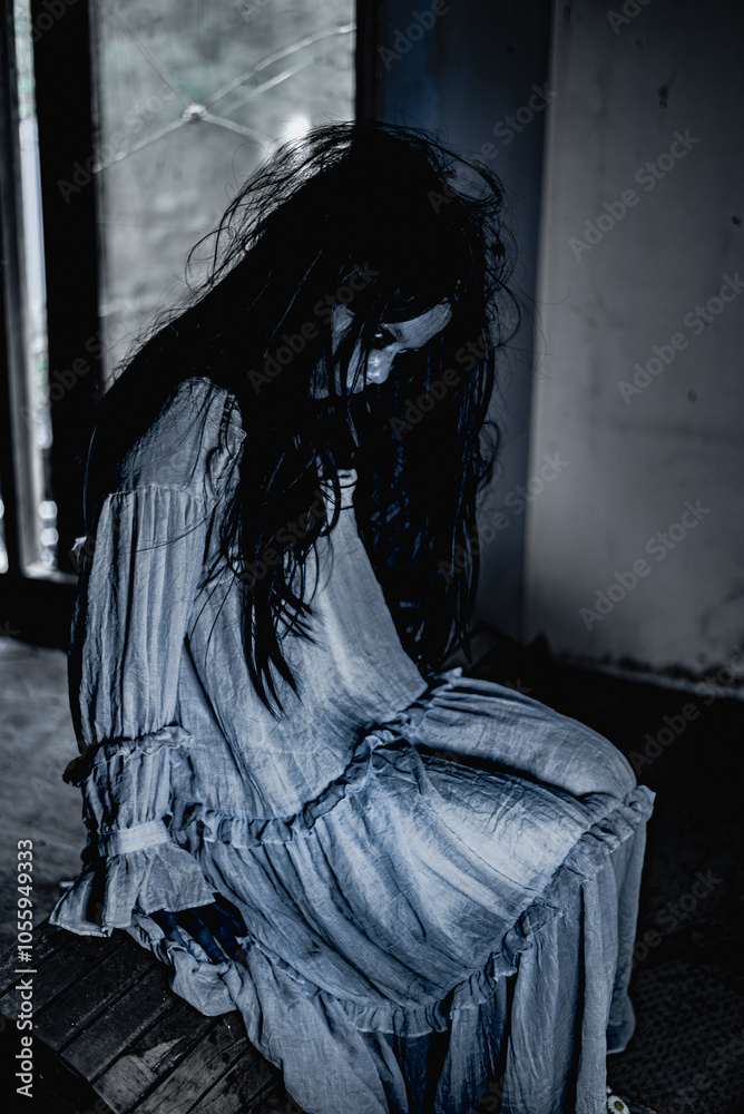 Naklejka premium portrait female ghost with a face full of hatred and horror wearing a white dress in a haunted room