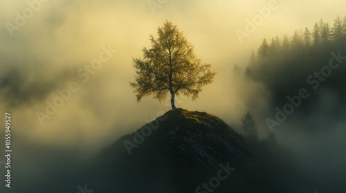 A single, tall tree standing on a hilltop, its branches reaching the sky