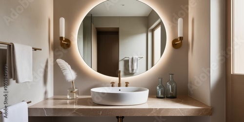 Modern bathroom interior, round backlit mirror, wooden vanity, white vessel sink, minimalist design, neutral color palette, textured wall, decorative feather, blue glass bottles, ambient lighting, con