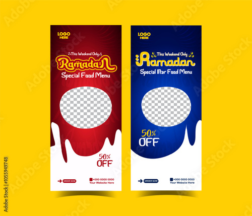 Ramadan creative roll up banner delicious iftar food menu social media poster template design