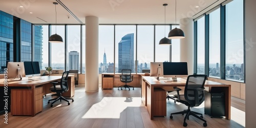 Modern office interior, panoramic city view, floor-to-ceiling windows, sleek wooden desks, ergonomic chairs, minimalist design, open floor plan, white ceiling, natural light, urban skyline, contempora photo