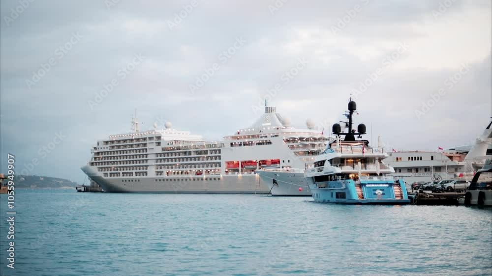 La Condamine, Monaco - October 4, 2024: View of a cruise ship docked in the Monaco Marina in the evening La Condamine, Monaco - October 4, 2024: View of a cruise ship docked in the Monaco Marina in the evening