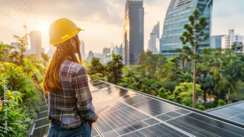 Female Solar Technician Inspecting Rooftop Panels Amidst Urban Skyline in Bright Sunlight for Sustainability