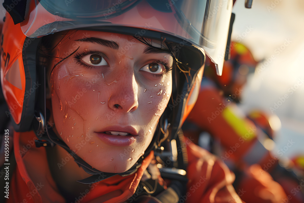 A focused young woman in an orange rescue suit, glistening with water droplets, showcases determination amidst a rescue operation. A focused young woman in an orange rescue suit, glistening with water droplets, showcases determination amidst a rescue operation.