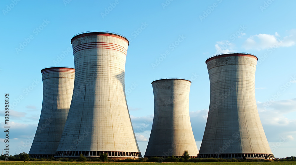 Hyperbolic Shaped Cooling Towers at Industrial Facility with Clear Blue Sky Hyperbolic Shaped Cooling Towers at Industrial Facility with Clear Blue Sky