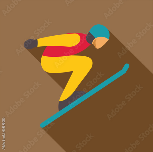 Skier wearing helmet and colorful suit practicing downhill skiing on mountain slope