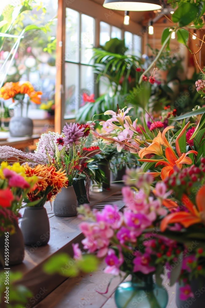 Fototapeta premium Floral Design Workshop: Participants Creating Intricate Arrangements with Vibrant Flowers for Decor