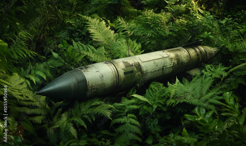 A missile lies camouflaged in dense foliage. A missile lies camouflaged in dense foliage.