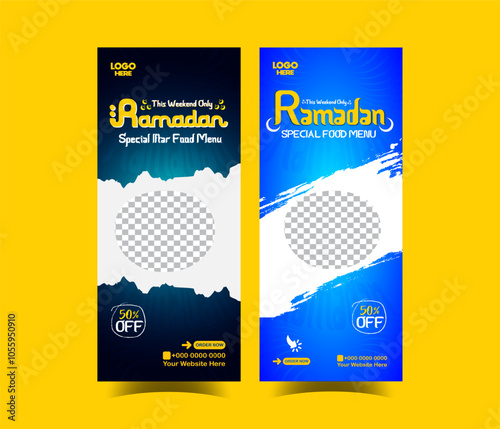 Ramadan creative roll up banner delicious iftar food menu social media poster template design