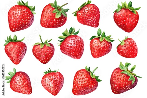 Fresh Strawberry Elements. Watercolor Hand Drawn Illustration of Ripe Berries Isolated on Refreshing White Background