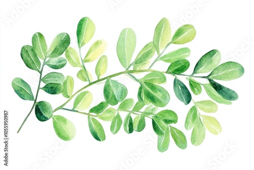 Green Herbal Leaf. Watercolor Illustration of Fresh Moringa Leaves on White Background