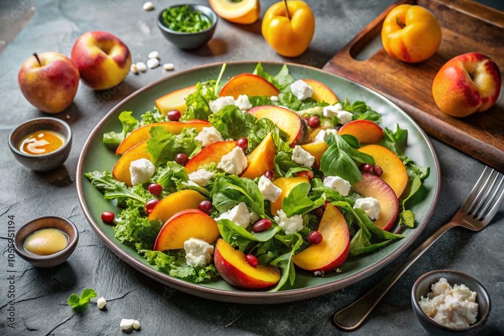 Summer Peach and Cheese Salad on Tile Table - Fresh and Colorful Dish for Healthy Eating Inspiration Summer Peach and Cheese Salad on Tile Table - Fresh and Colorful Dish for Healthy Eating Inspiration