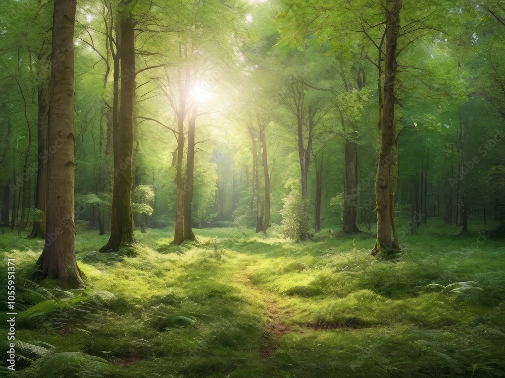 Obraz premium Sunlight in a green forest. Forest sunbeam. Ray of sunlight in forest green. Mossy forest sunbeam