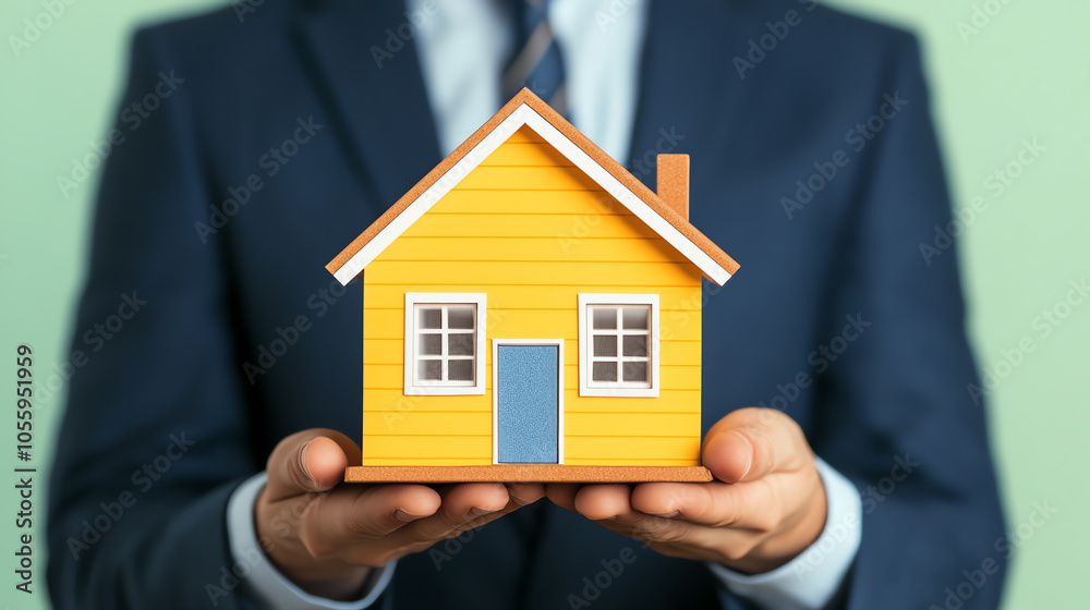 A businessman in a suit holding a miniature yellow house, symbolizing real estate investment and home ownership. Perfect for finance and property themes. A businessman in a suit holding a miniature yellow house, symbolizing real estate investment and home ownership. Perfect for finance and property themes.
