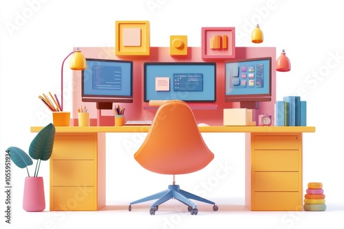 Modern Home Office Desk with Colorful Decor and Three Monitors