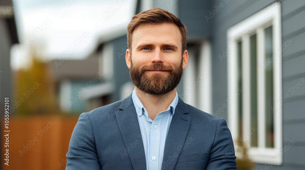 A confident man in a blue suit stands outdoors, smiling warmly, with modern houses in the background under a clear sky. A confident man in a blue suit stands outdoors, smiling warmly, with modern houses in the background under a clear sky.