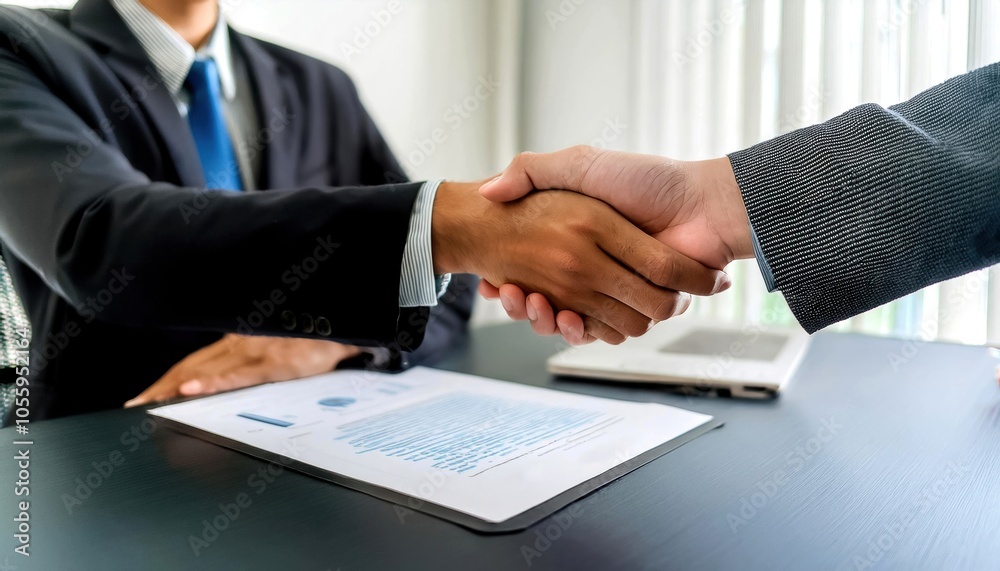 Two business professionals shaking hands at a desk in an office environment. Two business professionals shaking hands at a desk in an office environment.