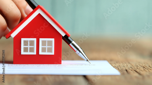 Obraz na płótnie A hand holding a pen above a small red house model on a document, symbolizing real estate transactions and home ownership concepts. w salonie