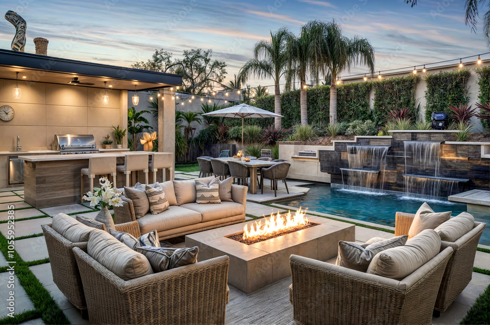 Fototapeta premium A Luxurious home patio with outdoor pool and glass doors 