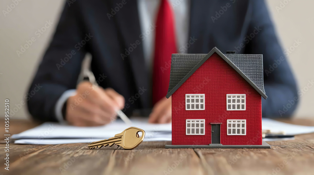 A real estate agent signing documents with a model house and key on the table, representing property ownership and transactions.