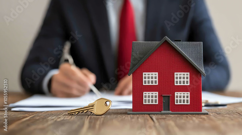 Obraz na płótnie A real estate agent signing documents with a model house and key on the table, representing property ownership and transactions. w salonie