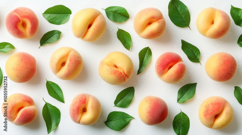 Collection of ripe white peaches with green leaves Collection of ripe white peaches with green leaves